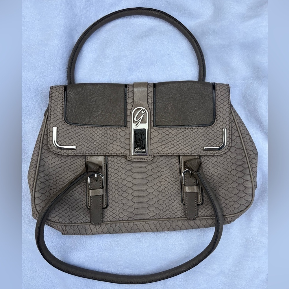 GUESS Gray Snakeskin Embossed Satchel Handbag | Silver Hardware | Floral Lining - Picture 3 of 9